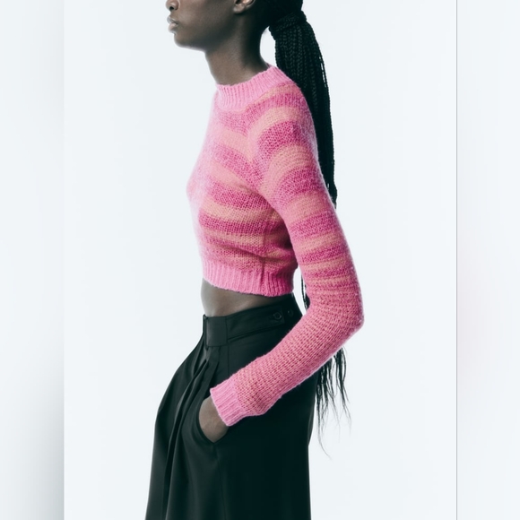ZARA STRIPED CROP KNIT SWEATER - Picture 2 of 9